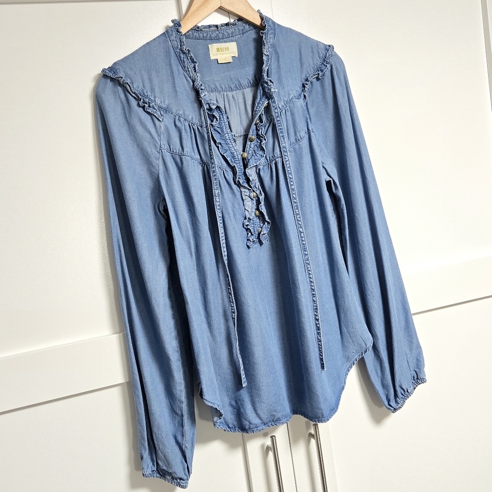 Anthropologie Maeve Chambray Ruffle Demin Shirt With Ties (XS)